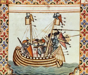 Los cruzados en camino para sitiar una fortaleza sarracena. Detalle de una página de un manuscrito del Cantar de Santa María (Cantigas de Santa Maria)