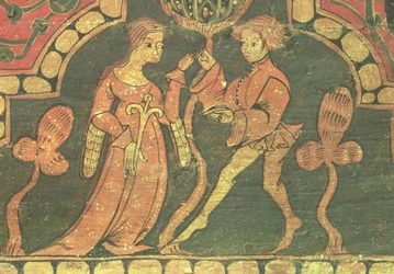 Escena de amor, detalle del revestimiento del Castillo de Penafiel, Valladolid , taller de Claustro de Silos (óleo sobre tabla)