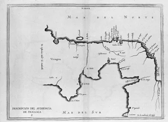 Mapa de América Central (Panamá) de un volumen español de viajes de principios del siglo XVII. El mapa está orientado al modo antiguo (noreste a este) y el Océano Atlántico se llama Mar del Norte y el Pacífico Mar del Sur