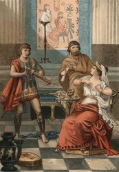 Monime, Reina del Ponto, pide bajo la orden de su esposo Mitrídates VI Eupator que la maten para no caer en manos de los romanos (72 a.C.). en “El Culto de la Hermosura” por Juan Justo Huguet, Molinas Hermanos editores