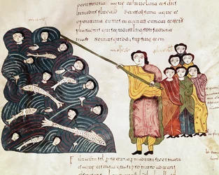 Moisés, después de cruzar el Mar Rojo con el pueblo de Israel, vio ahogarse a los egipcios. Miniatura de una Biblia mozárabe. Siglo X. León. Biblioteca de la Real Colegiata de San Isidoro.
