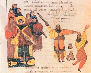 Nabucodonosor ordena matar a los hijos del rebelde Sedequías, fol.289v., de la Biblia visigótica-mozárabe de San Isidro, año 960 d.C. ( temple sobre vitela)