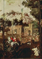 Panel de un biombo que representa una serie de casas de piedra con indios bailando en celebración (óleo sobre tabla)