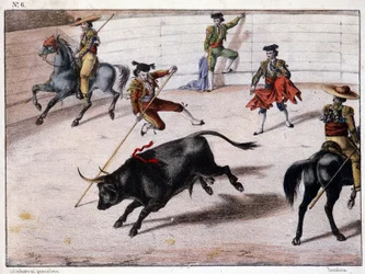 Salto de pértiga, corrida de toros en España, litografía española, s.d. siglo XIX