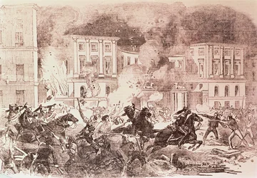 Sublevaciones populistas en Madrid, Los amotinados intentan incendiar el Palacio de la Reina María Cristina en 1854 (lito)