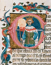 Retrato de rey en un buzón. Miniatura del manuscrito Crónica de los Conquistadores