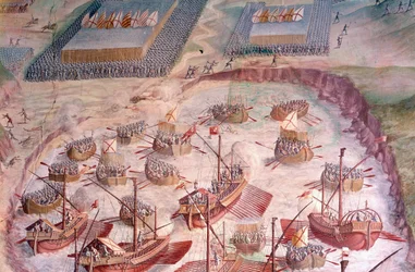 Regata de galeones españoles durante una expedición a las Azores en 1582 bajo Felipe II, rey de España