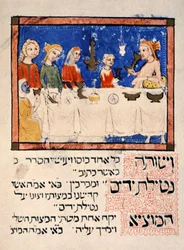 Reproducción de la Cena de Pascua, de la Hagadá de Sarajevo