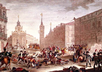 Disturbios contra las tropas napoleónicas, Madrid, mayo de 1808 (grabado en color)