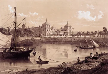 Sevilla, Palacio de San Telmo a orillas del río Guadalquivir. Andalucía, España (siglo XIX). Madrid, Biblioteca Nacional.