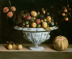 Naturaleza muerta de frutas en un cuenco azul y blanco, c.1630