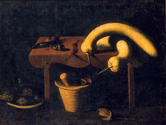 Naturaleza muerta con pimientos y calabazas en un banco con un mortero y un pilón y pájaros muertos, c.1620