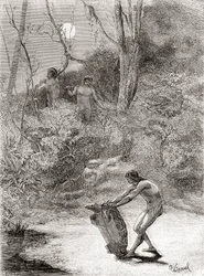 Indios Sunos cazando tortugas de agua dulce en el río Napo, Ecuador