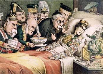 La agonía de un mártir, caricatura relacionada con una crisis económica española, 1892
