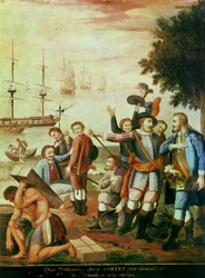 La Conquista de México: Diego Velásquez de Cuéllar (1465-1524) elige a Hernando Cortés (1485-1547) como general de la Armada y le da el mando (óleo sobre lienzo)