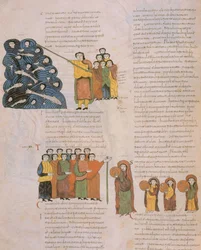 El Cruce del Mar Rojo y la Danza de las mujeres hebreas al son de los tambores de Moisés y sus acompañantes, de la Biblia Visigótica-Mozárabe de San Isidoro, fol.39., A.D. 960
