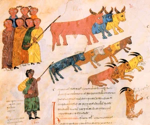 El pueblo hebreo deja Egipto con su ganado, de la Biblia Visigótica-Mozárabe de San Isidoro, fol.38v., A.D. 960