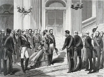 El Rey de España Amadeo I (Amedeo Ferdinando Maria di Savoia) y su esposa la Reina María Victoria dal Pozzo della Cisterna a su llegada al Palacio Real en Madrid el 19/03/1871. Grabado de "La Ilustración Española y Americana"