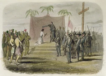El bautismo del rey de la isla de Cebú y de otros quinientos indios por miembros de la expedición de Magallanes el 14 de abril
