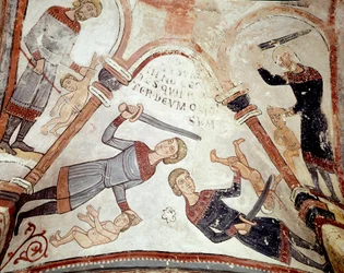 El ciclo de los meses: la masacre de los inocentes. Detalle de un fresco del siglo XII del Panteón Real de la Real Colegiata de San Isidoro (Real Colegiata de San Isidoro). León. España
