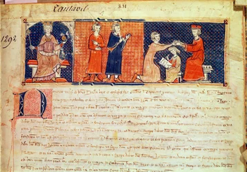 El señor feudal predicando su sermón ante el Rey de Mallorca, Jaime I, del Capbreu de Clayra et de Millas, 1292