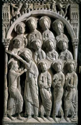La incredulidad de Santo Tomás. Escultura realizada por el maestro de Santo Domingo de Silos (siglo XII). Relieve en piedra
