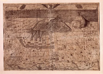 El levantamiento de Cataluña o la guerra de los segadores (1640-1659), el asedio de Barcelona por mar y tierra por las tropas de Felipe IV de España (1605-1665). Grabado 1652. Museo de Historia de la Ciudad, Barcelona