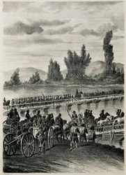 Las tropas del ejército francés napoleónico cruzan el río Bidasoa