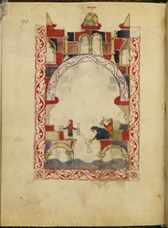 Tres mujeres sumergen recipientes en una piscina. Manuscrito iluminado de una Hagadá hispanomorisca, c.1300, España, Or. 2737, fol. 90