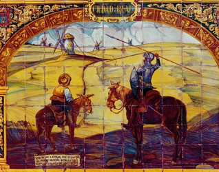 Azulejos que representan a Don Quijote y Sancho Panza preparándose para atacar los molinos (cerámica)