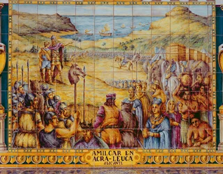 Azulejos que representan el desembarco de Amílcar y su hijo Aníbal en Akra Leuce durante la Primera Guerra Púnica (264-241 a.C.)