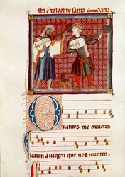 Dos músicos, uno moro y el otro cristiano español. Detalle de una página de un manuscrito de las Cantigas de Santa María