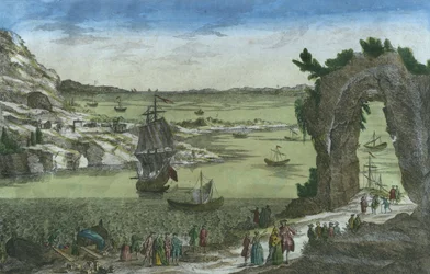Vista del desembarco francés para establecer la nueva colonia en el puerto de Nueva Cayena, Guayana Francesa, 1762