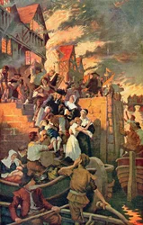 El Gran Incendio de Londres de 1666, ilustración de «The Story of the British Nation» de Hutchinson, hacia 1920