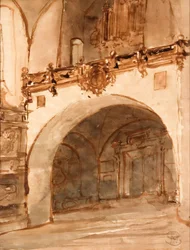 Interior de la iglesia. Vista del vestíbulo y el coro musical