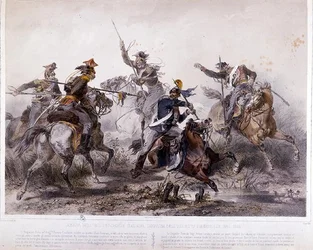 Incidente heroico durante la campaña piamontesa de la guerra de independencia italiana en 1848 (litografía en color)