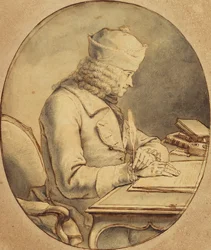 Voltaire sentado en un escritorio con gorra, de perfil a la izquierda, c.1765