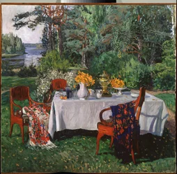 Frente a la terraza. Pintura de Stanislav Yulianovich Zhukovsky (1873-1944), óleo sobre lienzo