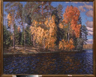 Eau bleue. Automne dore. Pintura de Stanislav Yulianovich Joukovski (Zhukovsky) (1873-1944), huile sur toile