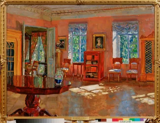 Interior de la biblioteca de una casa señorial. Pintura de Stanislav Yulianovich Zhukovsky (1873-1944), óleo sobre lienzo, ca. 1910. Arte ruso, siglo XX, modernismo. Museo Estatal de Arte de la República de Tatarstán, Kazán (Rusia).