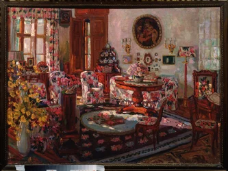Interior de la casa de Brasov. Pintura de Stanislav Yulianovich Zhukovsky (Joukovski) (1873-1944), huile sur toile