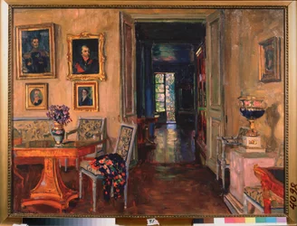El interior de la mansión de Brasovo. Pintura de Stanislav Yulianovich Zhukovsky (1873-1944), óleo sobre lienzo