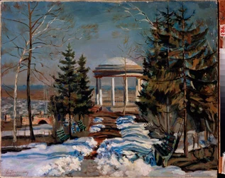 Paisaje con un quiosco. Pintura de Stanislav Yulianovich Zhukovsky (1873-1944), óleo sobre lienzo