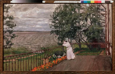 Pensamientos oscuros (Una mujer solitaria apoyada en la valla de una terraza frente a un campo arado). Pintura de Stanislav Yulianovich Zhukovsky (1873-1944), óleo sobre lienzo