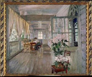 Terraza de una casa señorial. Pintura de Stanislav Yulianovich Zhukovsky (1873-1944), óleo sobre lienzo. Arte ruso