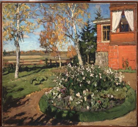 Un piso florido (frente a una casa y un paisaje campestre). Pintura de Stanislav Yulianovich Zhukovsky (1873-1944), óleo sobre lienzo