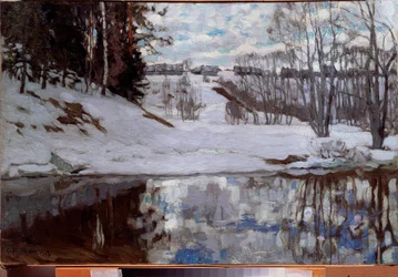 Un río libre de hielo. Pintura de Stanislav Yulianovich Zhukovsky (1873-1944), óleo sobre lienzo