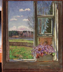 Violetas frente a la ventana. Pintura de Stanislav Yulianovich Zhukovsky (1873-1944), óleo sobre lienzo 1931. Arte ruso, siglo XX, arte moderno. Museo Estatal de Arte, Dnepropetrovsk (Ucrania).