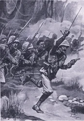 Carga británica contra los Ashantis en Amoaful, 31 de enero de 1874, ilustración de British Battles on Land and Sea, 1915