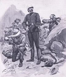 El coronel Buller en la montaña Inhlobane, marzo de 1879, ilustración de British Battles on Land and Sea, 1915